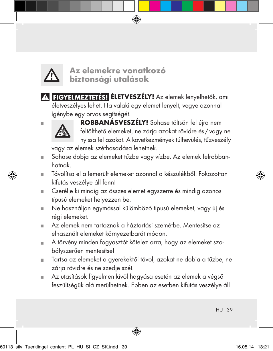 Az elemekre vonatkozó biztonsági utalások | Silvercrest Z32155 User Manual | Page 39 / 103
