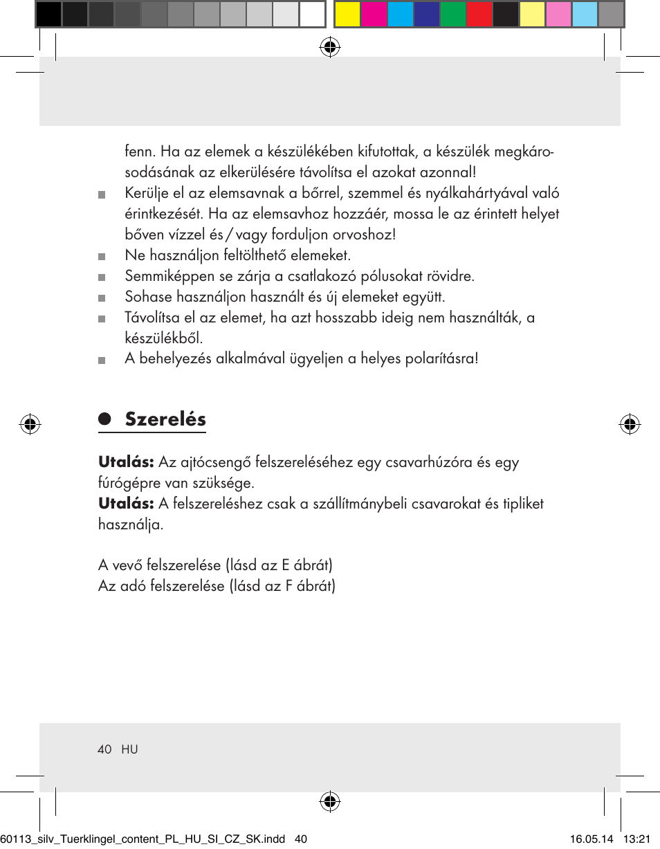 Szerelés | Silvercrest Z32155 User Manual | Page 40 / 103