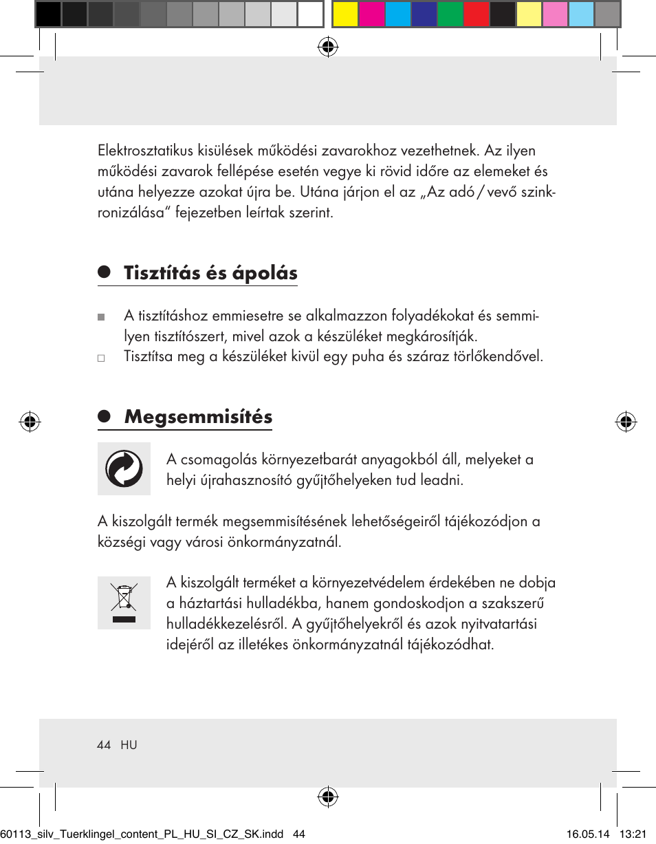 Tisztítás és ápolás, Megsemmisítés | Silvercrest Z32155 User Manual | Page 44 / 103