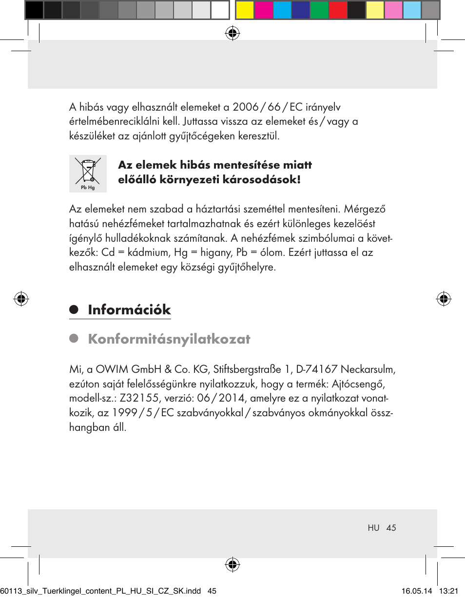 Információk, Konformitásnyilatkozat | Silvercrest Z32155 User Manual | Page 45 / 103