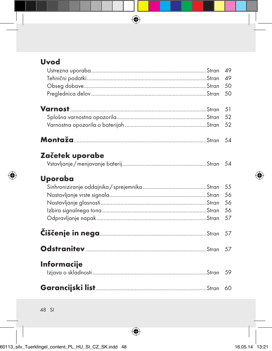 Uvod, Varnost, Montaža | Začetek uporabe, Uporaba, Čiščenje in nega, Odstranitev, Informacije, Garancijski list | Silvercrest Z32155 User Manual | Page 48 / 103