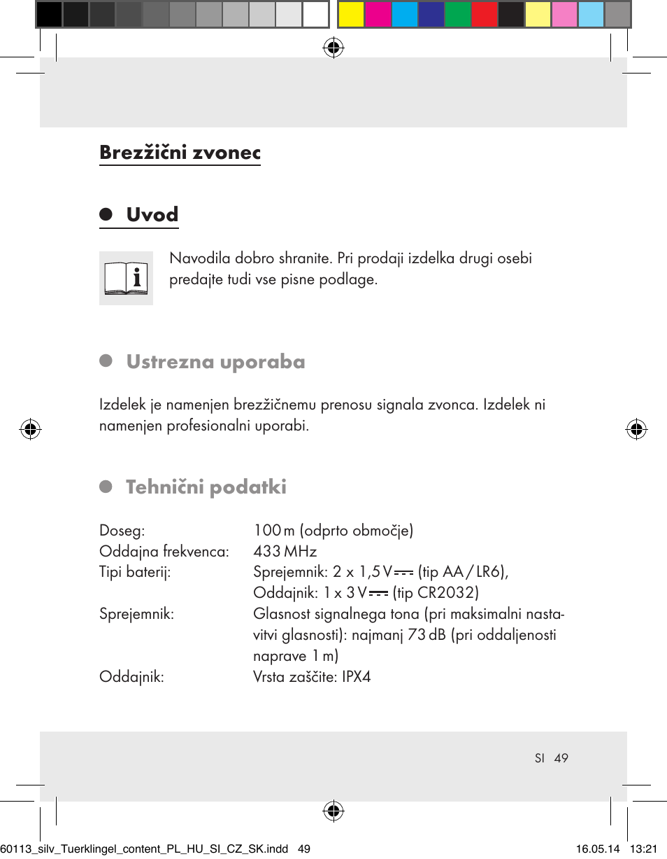 Brezžični zvonec, Uvod, Ustrezna uporaba | Tehnični podatki | Silvercrest Z32155 User Manual | Page 49 / 103