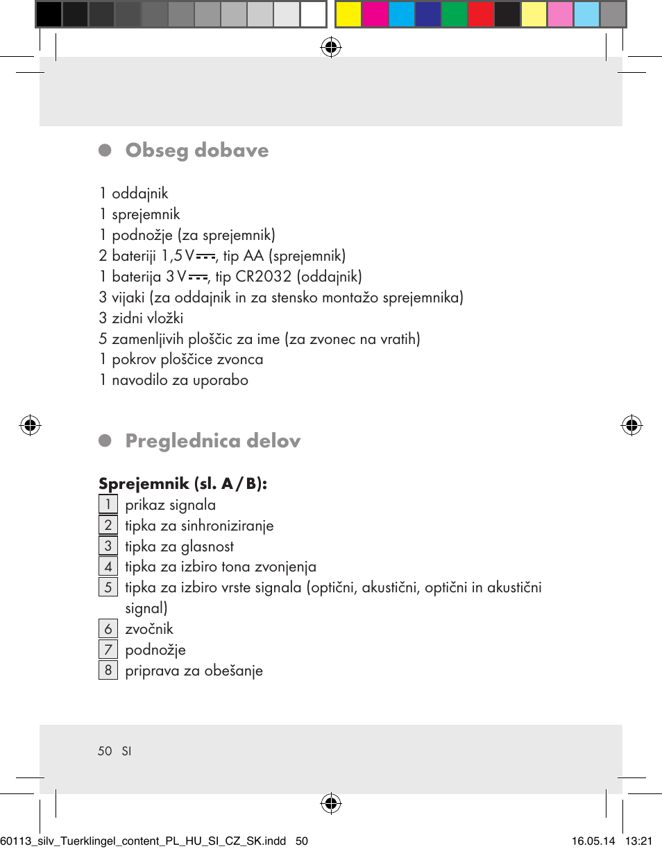 Obseg dobave, Preglednica delov | Silvercrest Z32155 User Manual | Page 50 / 103