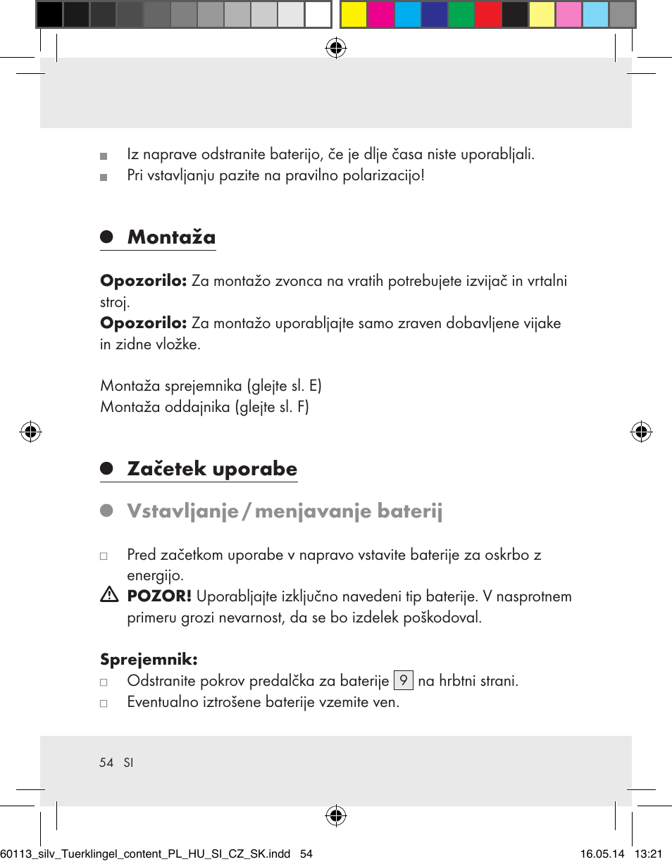Montaža, Začetek uporabe vstavljanje / menjavanje baterij | Silvercrest Z32155 User Manual | Page 54 / 103