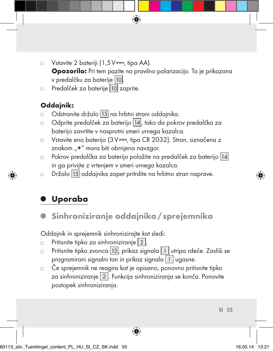Uporaba sinhroniziranje oddajnika / sprejemnika | Silvercrest Z32155 User Manual | Page 55 / 103