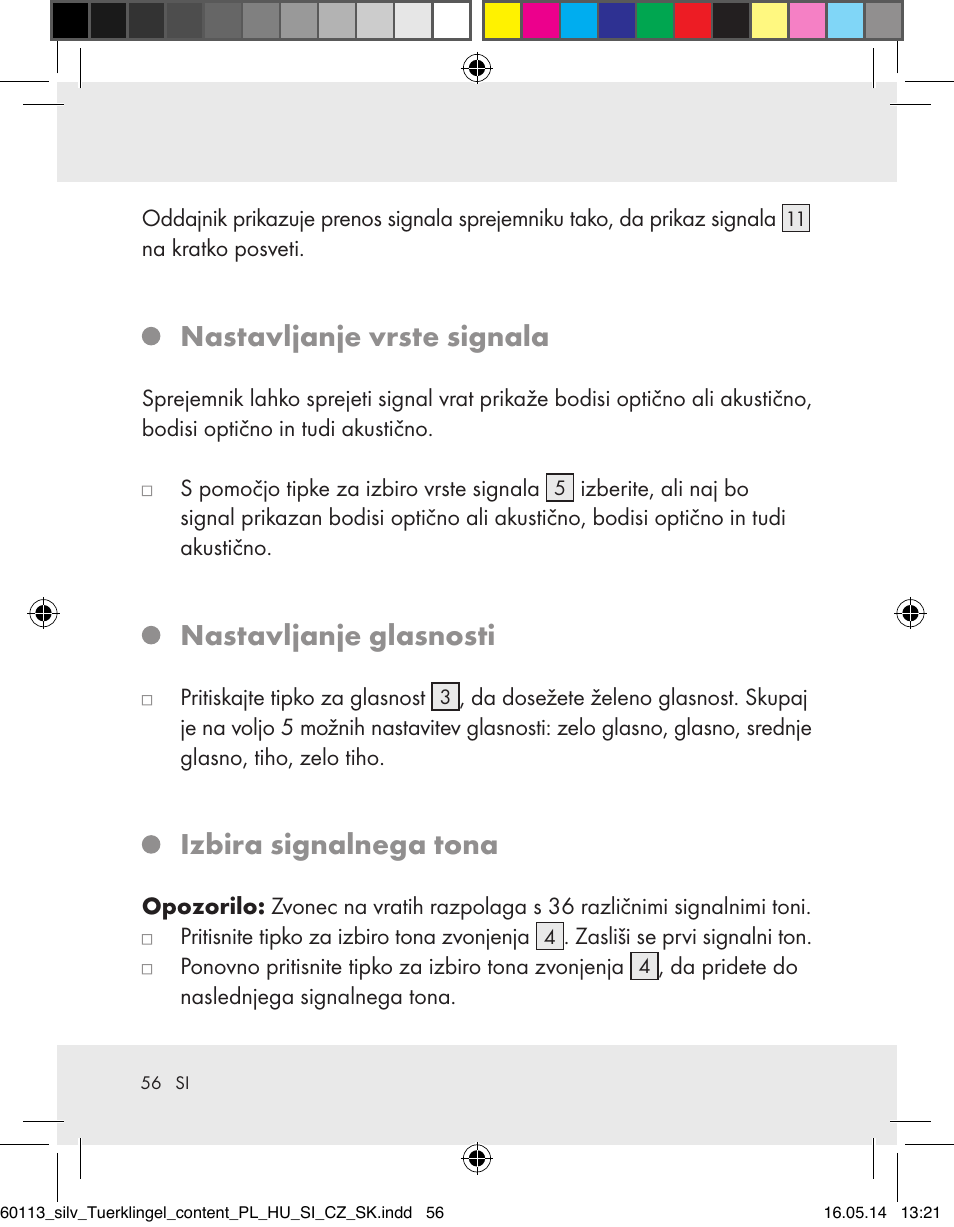 Nastavljanje vrste signala, Nastavljanje glasnosti, Izbira signalnega tona | Silvercrest Z32155 User Manual | Page 56 / 103