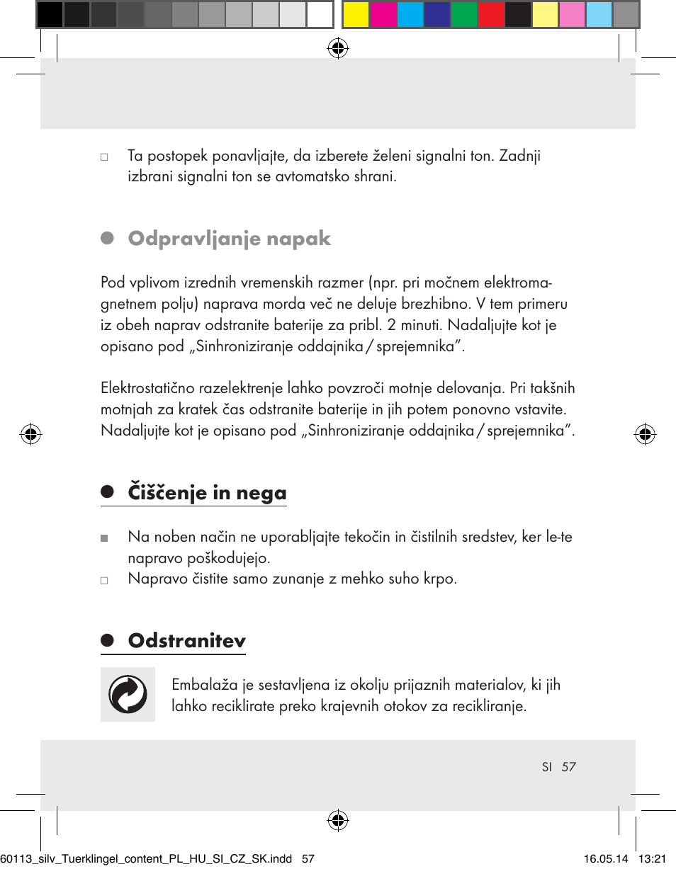 Odpravljanje napak, Čiščenje in nega, Odstranitev | Silvercrest Z32155 User Manual | Page 57 / 103