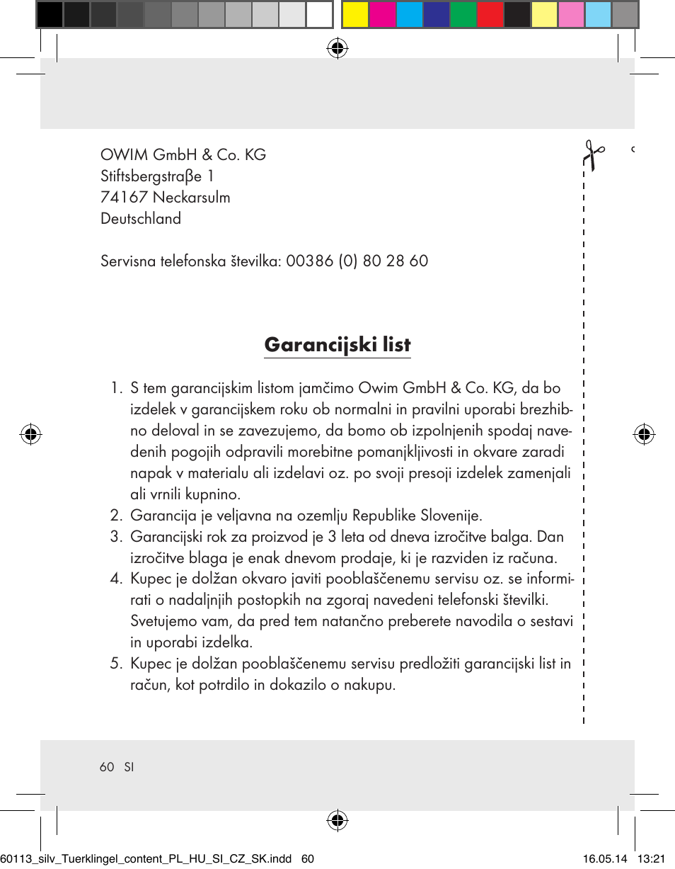 Garancijski list | Silvercrest Z32155 User Manual | Page 60 / 103