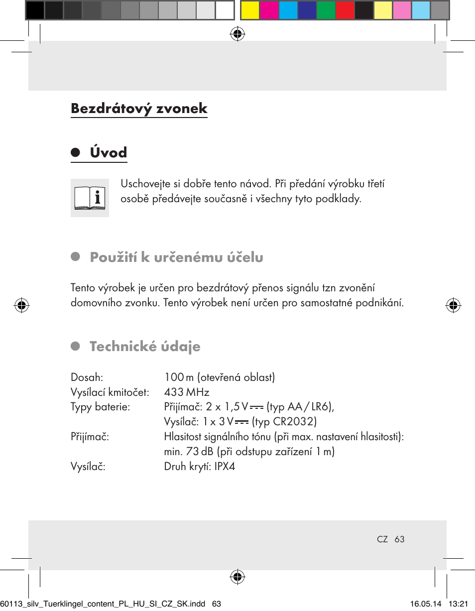Bezdrátový zvonek, Úvod, Použití k určenému účelu | Technické údaje | Silvercrest Z32155 User Manual | Page 63 / 103