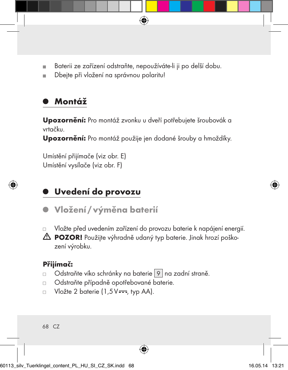 Montáž, Uvedení do provozu vložení / výměna baterií | Silvercrest Z32155 User Manual | Page 68 / 103