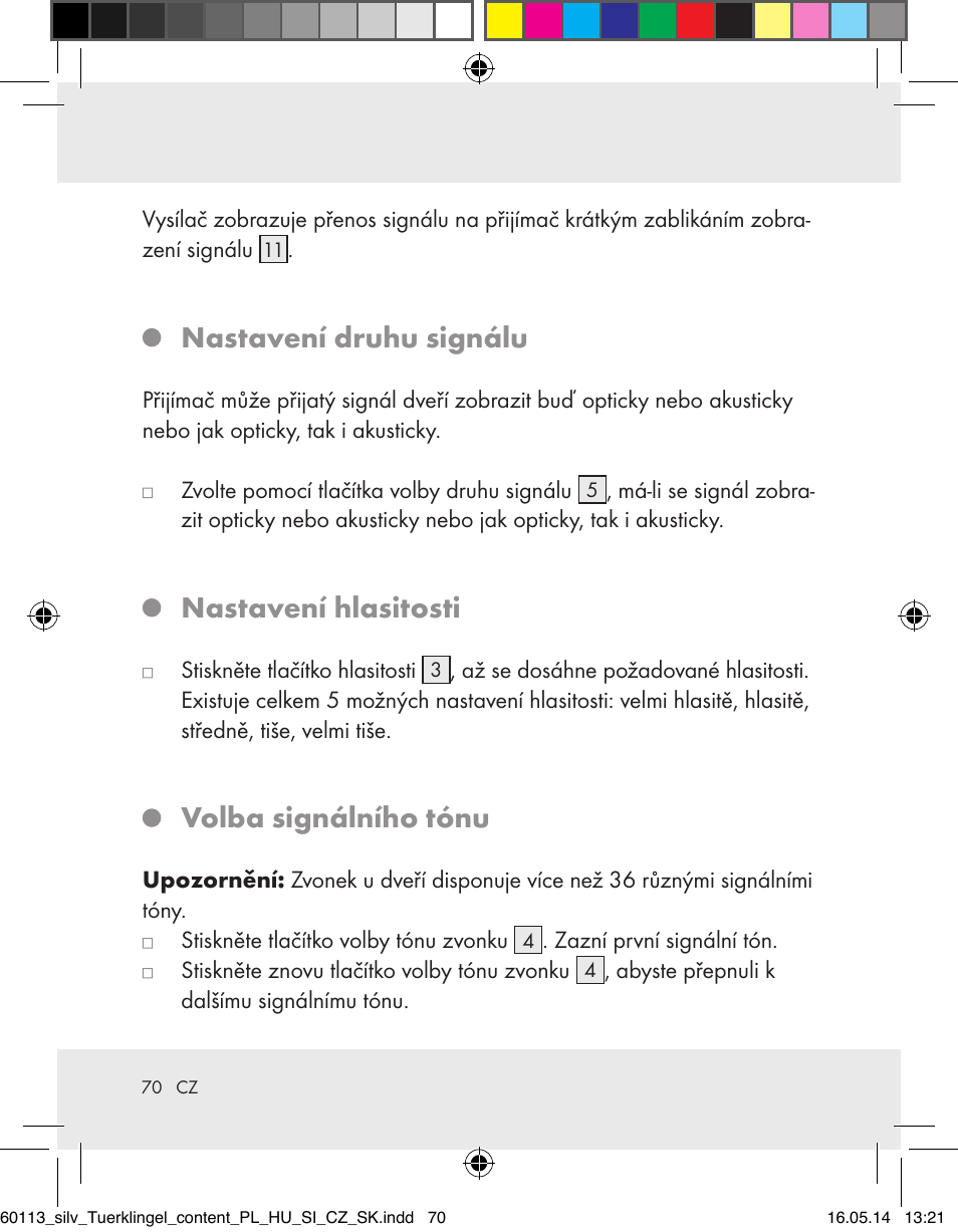Nastavení druhu signálu, Nastavení hlasitosti, Volba signálního tónu | Silvercrest Z32155 User Manual | Page 70 / 103