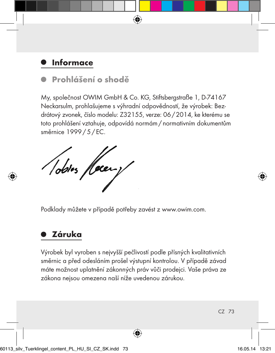 Informace, Prohlášení o shodě, Záruka | Silvercrest Z32155 User Manual | Page 73 / 103