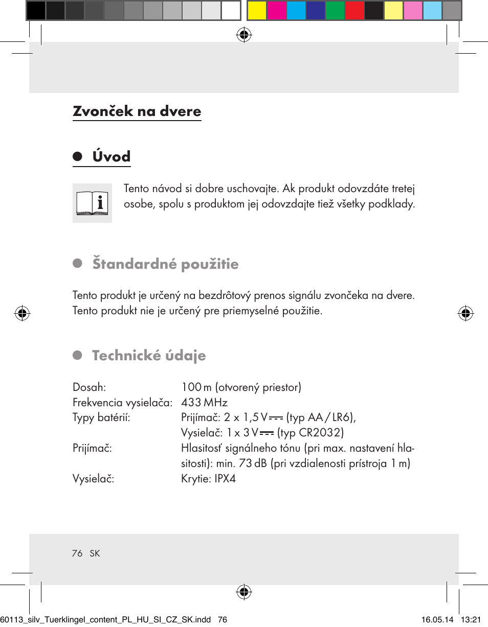 Zvonček na dvere, Úvod, Štandardné použitie | Technické údaje | Silvercrest Z32155 User Manual | Page 76 / 103