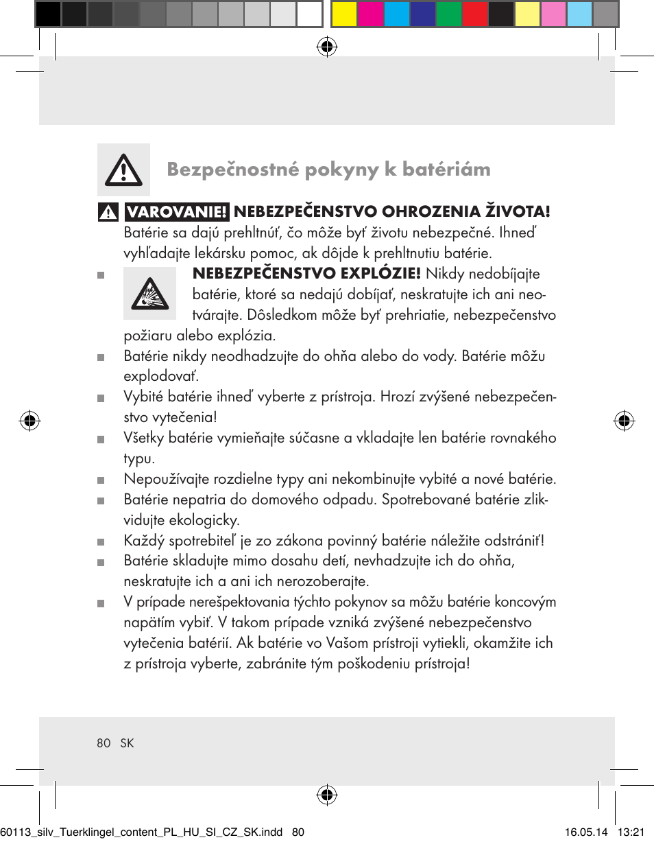 Bezpečnostné pokyny k batériám | Silvercrest Z32155 User Manual | Page 80 / 103