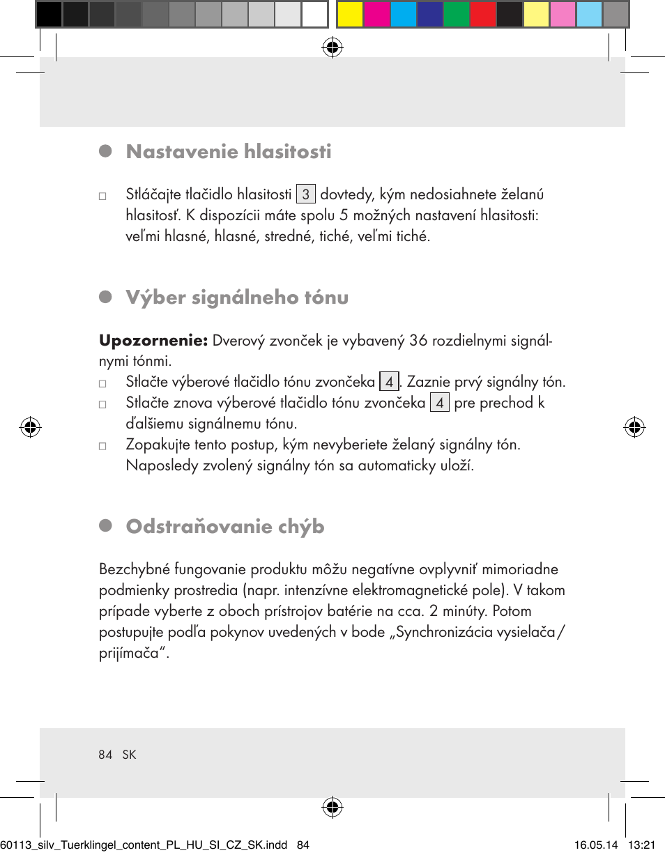 Nastavenie hlasitosti, Výber signálneho tónu, Odstraňovanie chýb | Silvercrest Z32155 User Manual | Page 84 / 103