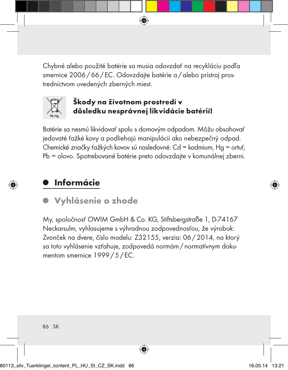 Informácie, Vyhlásenie o zhode | Silvercrest Z32155 User Manual | Page 86 / 103