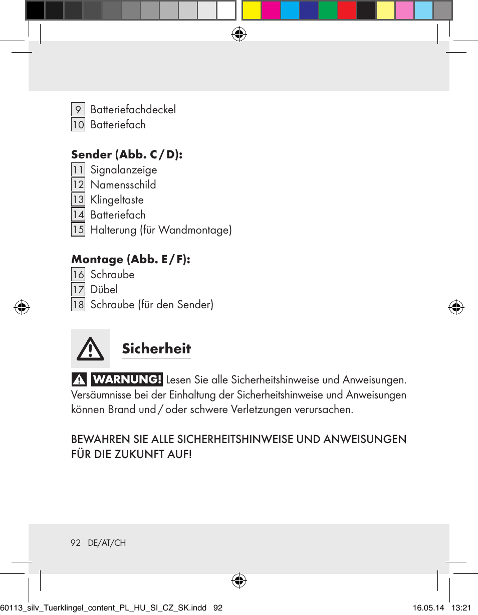 Sicherheit | Silvercrest Z32155 User Manual | Page 92 / 103