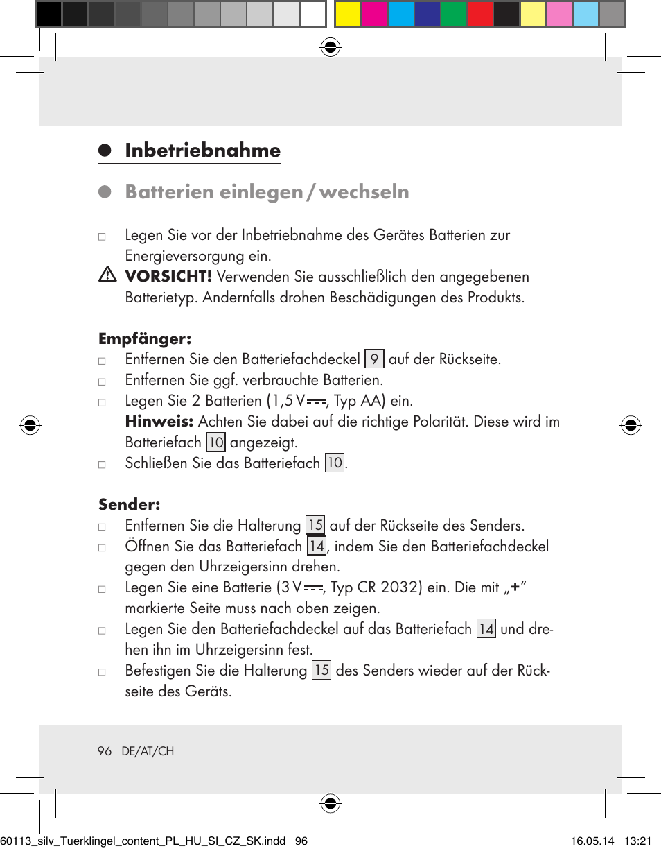 Inbetriebnahme, Batterien einlegen / wechseln | Silvercrest Z32155 User Manual | Page 96 / 103