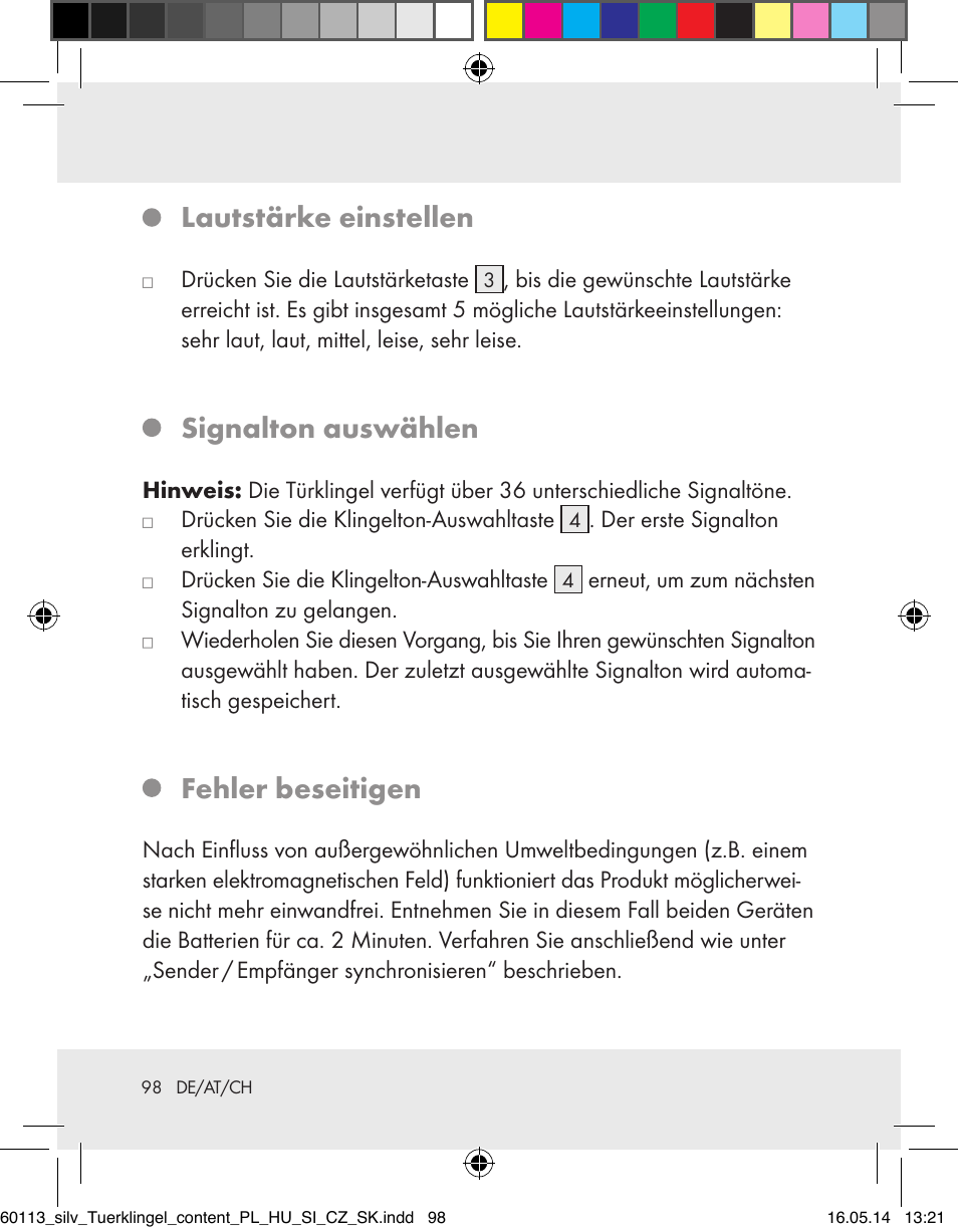 Lautstärke einstellen, Signalton auswählen, Fehler beseitigen | Silvercrest Z32155 User Manual | Page 98 / 103
