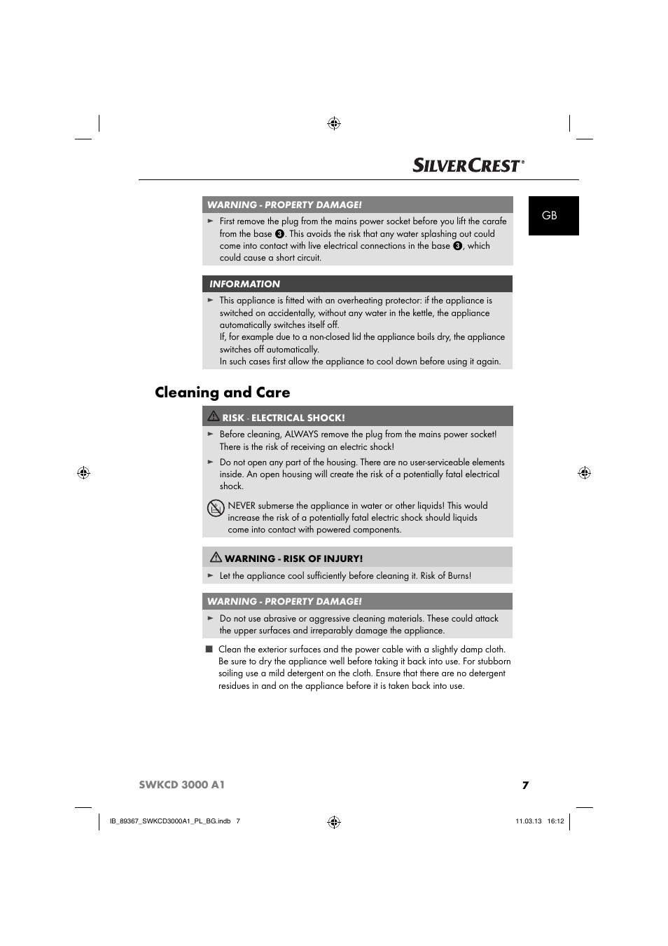 Cleaning and care | Silvercrest SWKCD 3000 A1 User Manual | Page 10 / 44