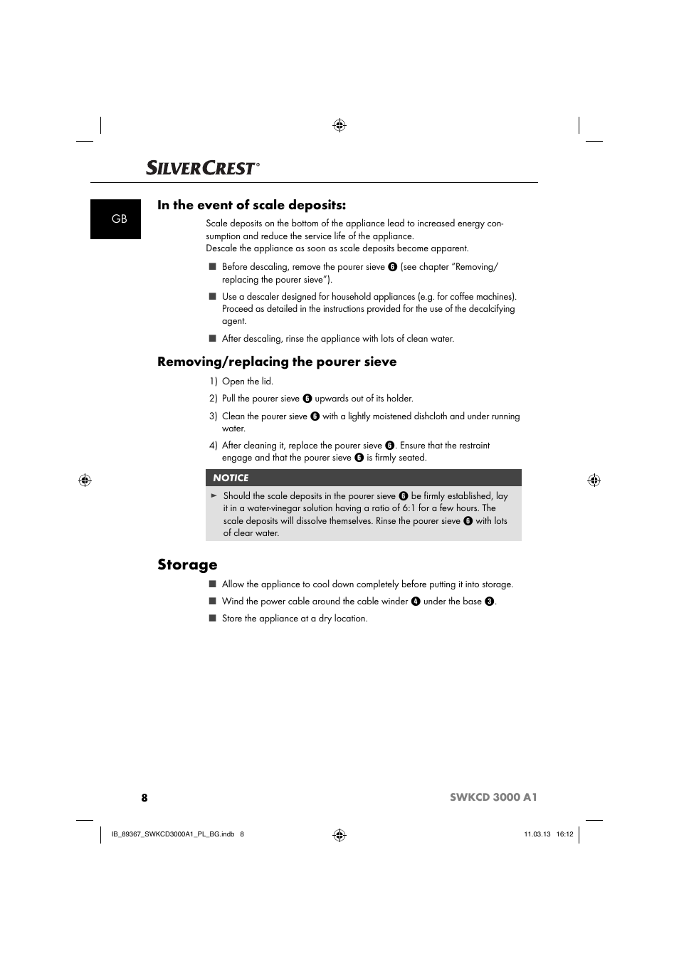 Storage, Removing/replacing the pourer sieve | Silvercrest SWKCD 3000 A1 User Manual | Page 11 / 44