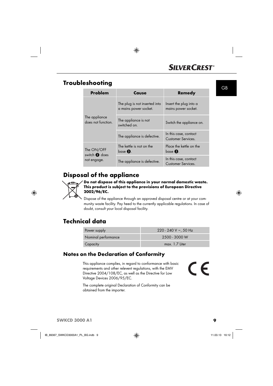 Troubleshooting, Disposal of the appliance, Technical data | Silvercrest SWKCD 3000 A1 User Manual | Page 12 / 44