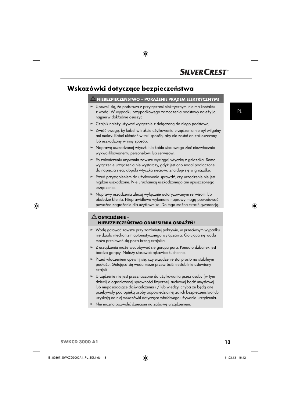Wskazówki dotyczące bezpieczeństwa | Silvercrest SWKCD 3000 A1 User Manual | Page 16 / 44