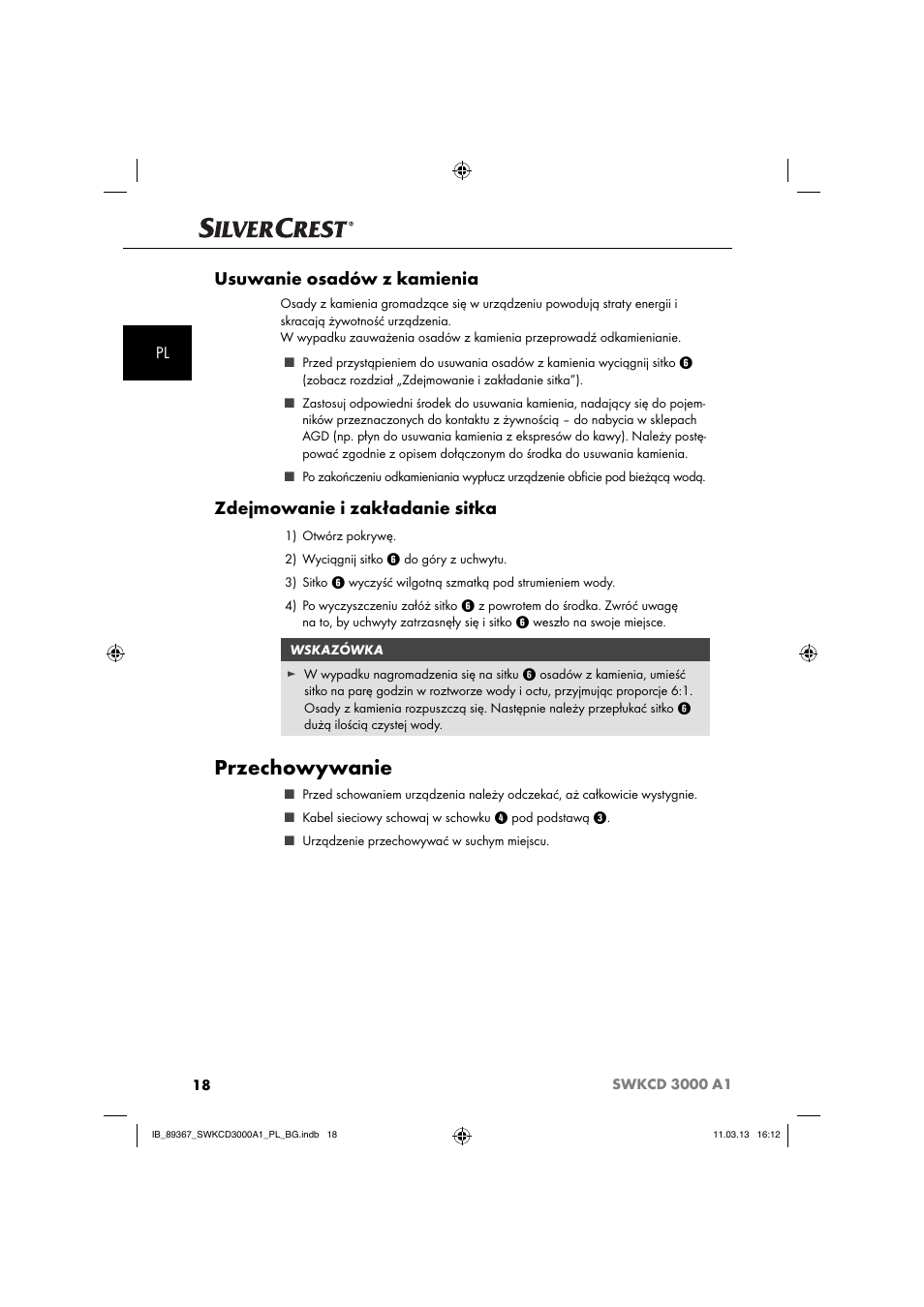 Przechowywanie, Usuwanie osadów z kamienia, Zdejmowanie i zakładanie sitka | Silvercrest SWKCD 3000 A1 User Manual | Page 21 / 44