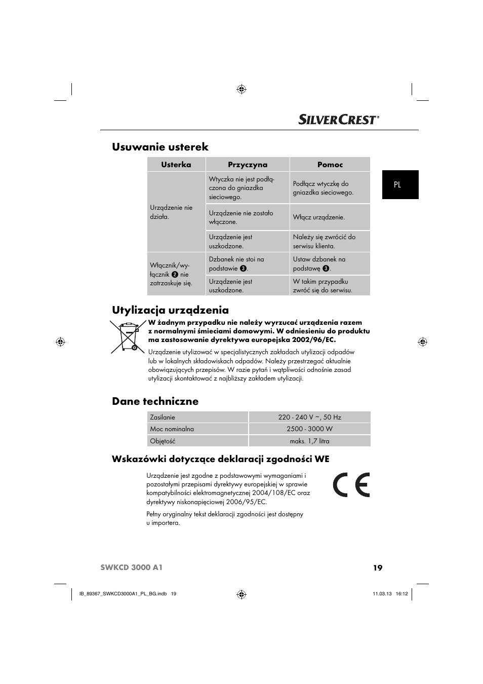 Usuwanie usterek, Utylizacja urządzenia, Dane techniczne | Wskazówki dotyczące deklaracji zgodności we | Silvercrest SWKCD 3000 A1 User Manual | Page 22 / 44