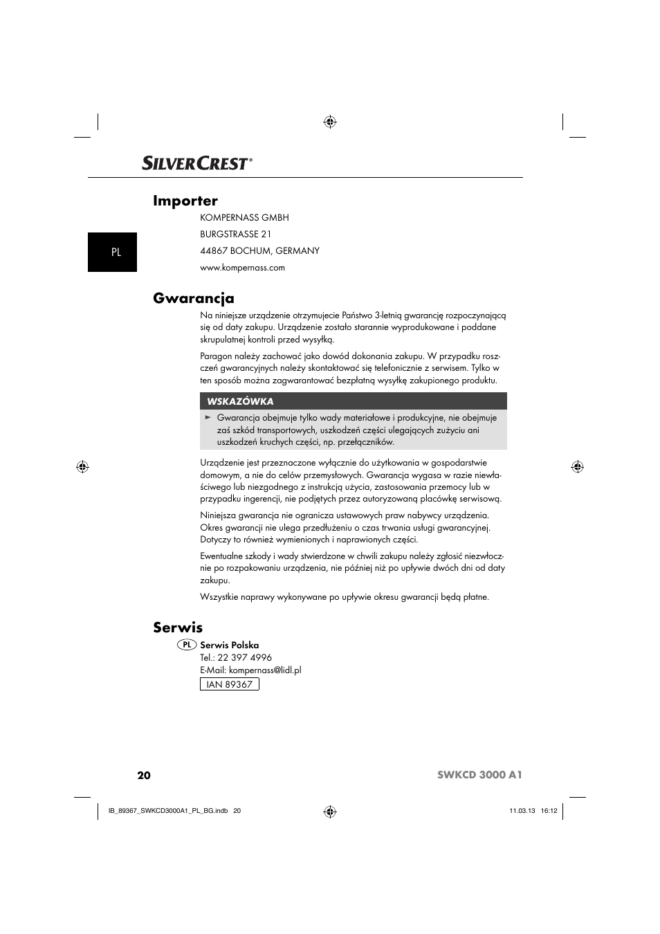 Importer, Gwarancja, Serwis | Silvercrest SWKCD 3000 A1 User Manual | Page 23 / 44