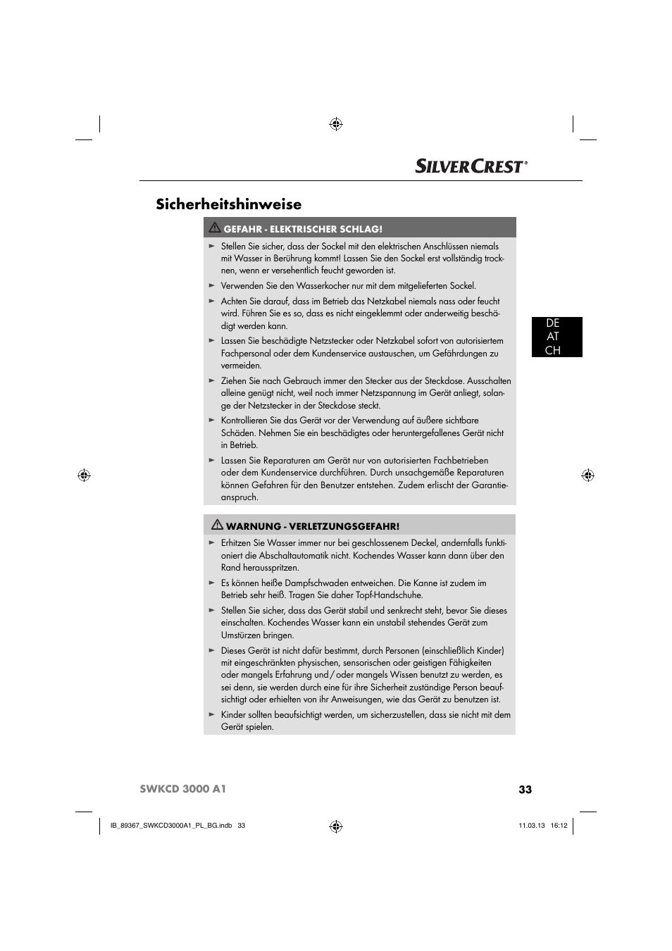 Sicherheitshinweise, De at ch | Silvercrest SWKCD 3000 A1 User Manual | Page 36 / 44