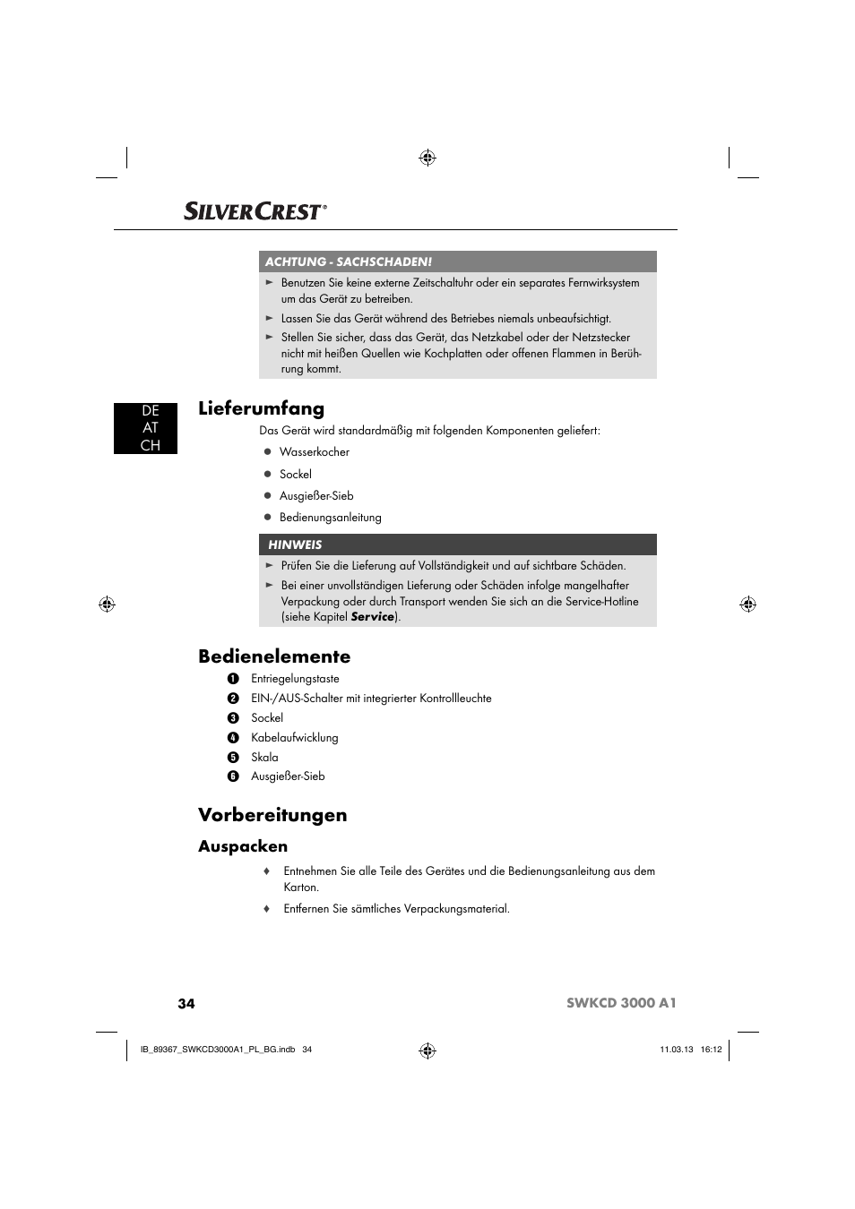 Lieferumfang, Bedienelemente, Vorbereitungen | Auspacken, De at ch | Silvercrest SWKCD 3000 A1 User Manual | Page 37 / 44