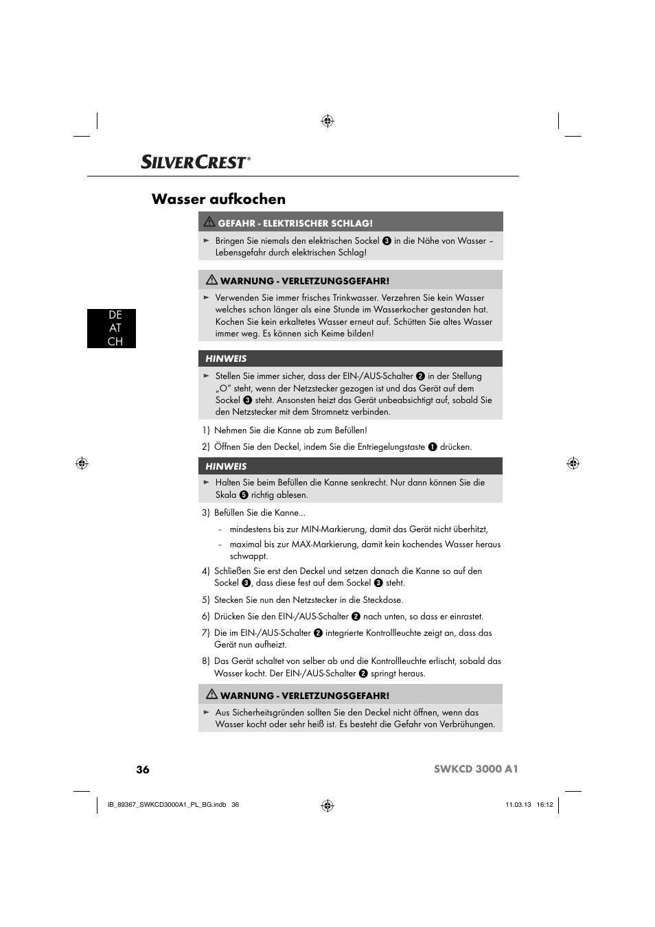 Wasser aufkochen, De at ch | Silvercrest SWKCD 3000 A1 User Manual | Page 39 / 44