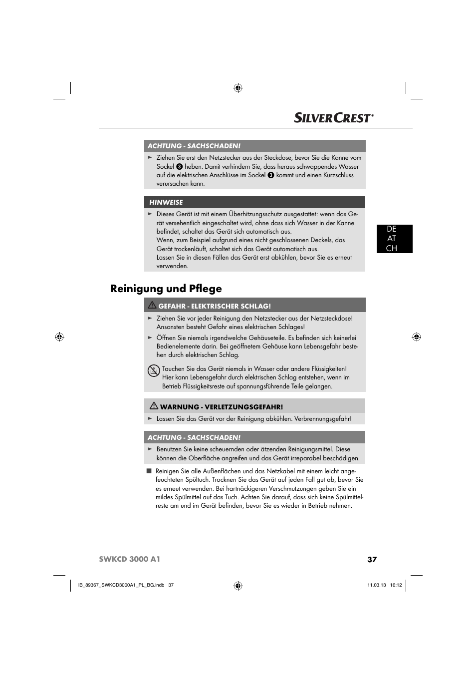 Reinigung und pﬂ ege, De at ch | Silvercrest SWKCD 3000 A1 User Manual | Page 40 / 44