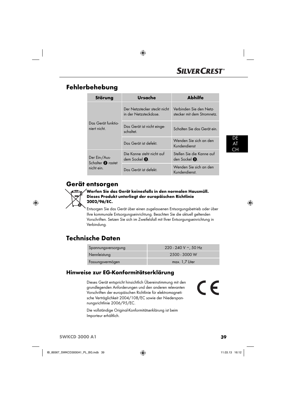 Fehlerbehebung, Gerät entsorgen, Technische daten | Hinweise zur eg-konformitätserklärung, De at ch | Silvercrest SWKCD 3000 A1 User Manual | Page 42 / 44
