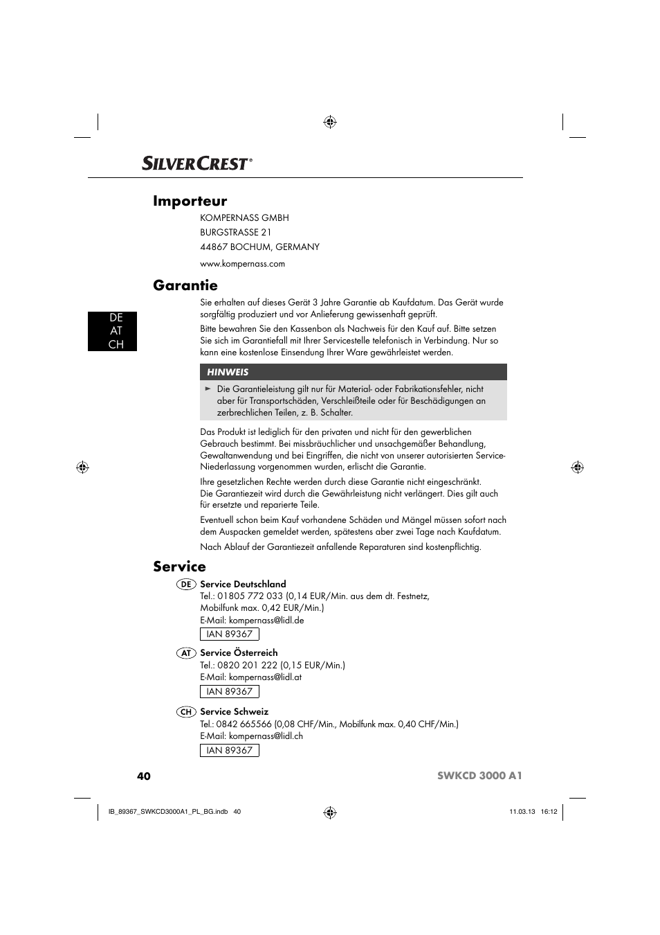 Importeur, Garantie, Service | De at ch | Silvercrest SWKCD 3000 A1 User Manual | Page 43 / 44