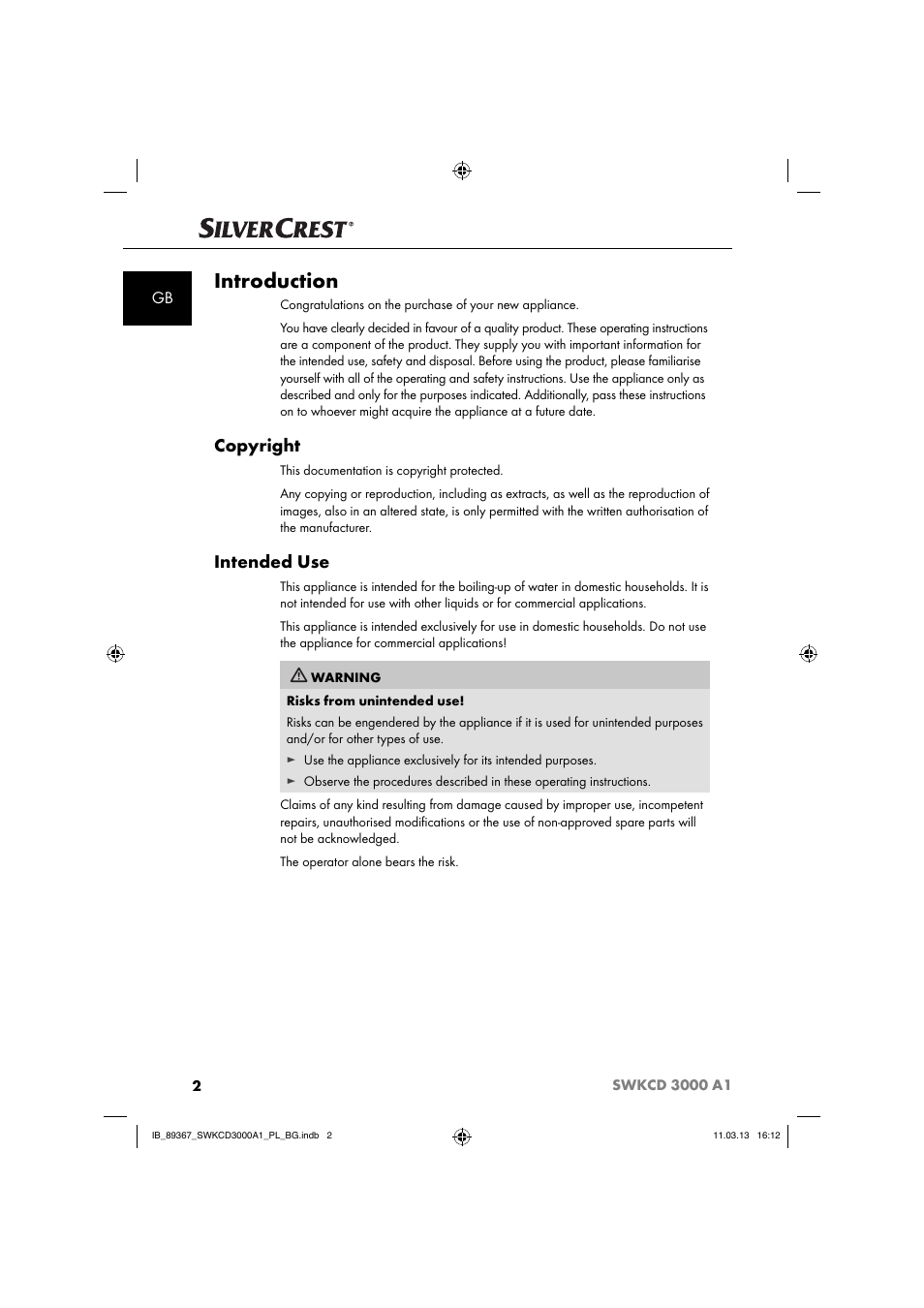 Introduction, Copyright, Intended use | Silvercrest SWKCD 3000 A1 User Manual | Page 5 / 44