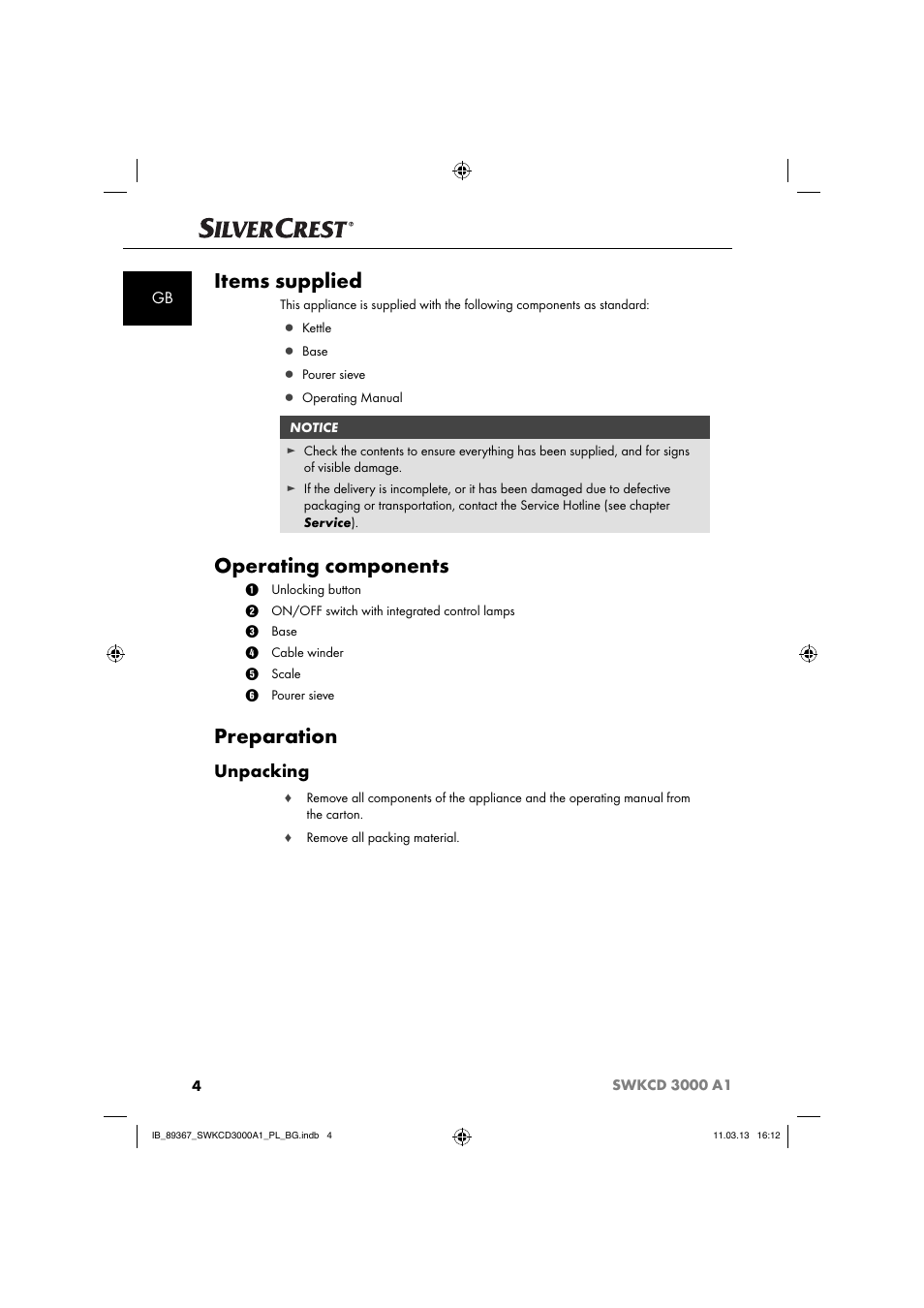 Items supplied, Operating components, Preparation | Unpacking | Silvercrest SWKCD 3000 A1 User Manual | Page 7 / 44