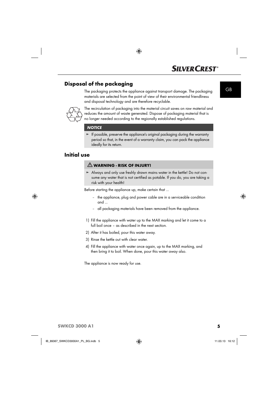 Disposal of the packaging, Initial use | Silvercrest SWKCD 3000 A1 User Manual | Page 8 / 44