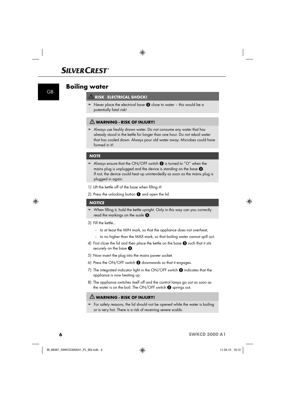 Boiling water | Silvercrest SWKCD 3000 A1 User Manual | Page 9 / 44