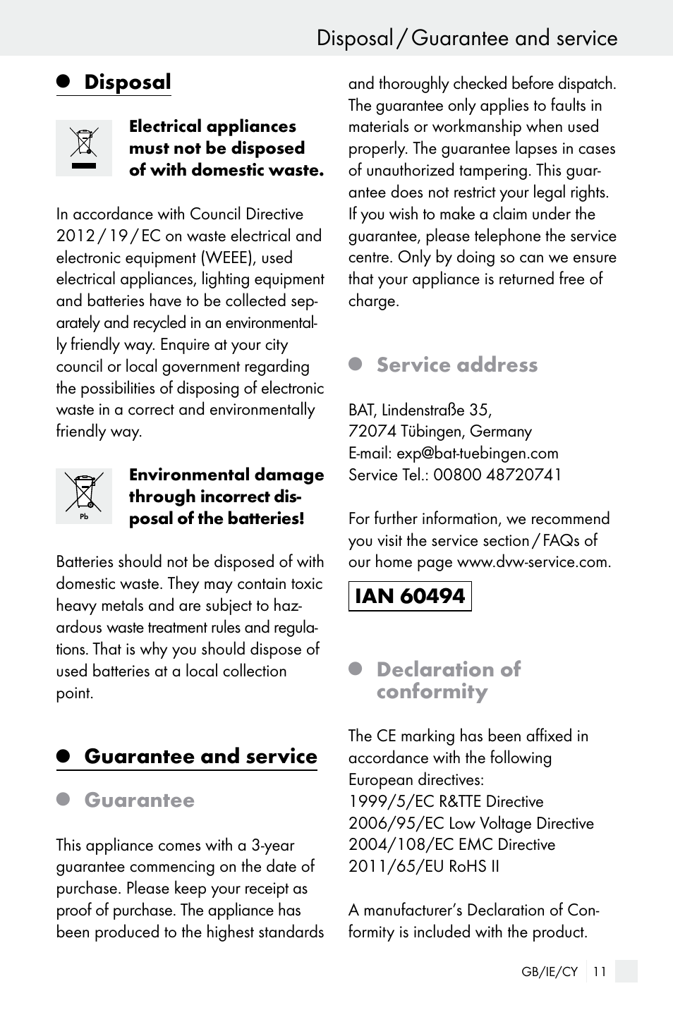 Disposal / guarantee and service, Disposal, Guarantee and service | Guarantee, Service address, Declaration of conformity | Silvercrest Electrical Sockets User Manual | Page 11 / 21