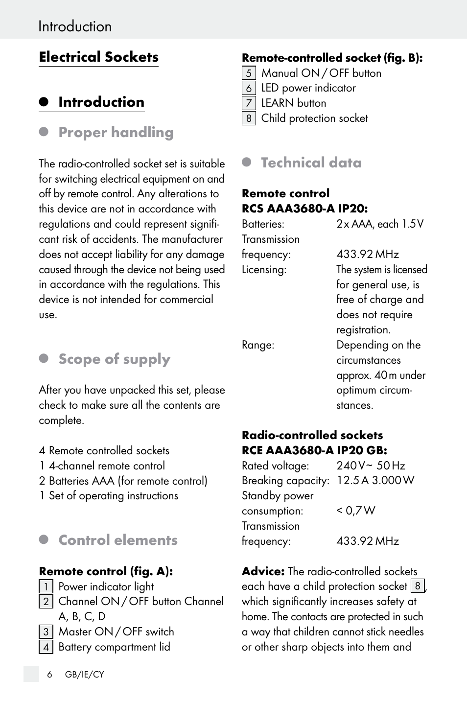 Introduction, Electrical sockets, Proper handling | Scope of supply, Control elements, Technical data | Silvercrest Electrical Sockets User Manual | Page 6 / 21