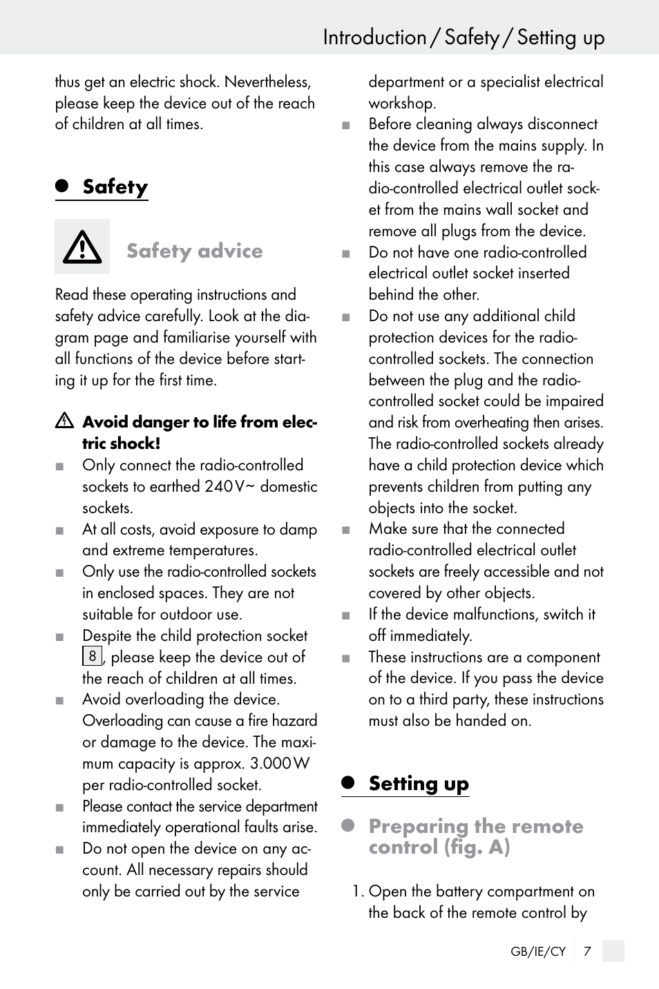 Introduction / safety / setting up, Safety, Safety advice | Setting up, Preparing the remote control (fig. a) | Silvercrest Electrical Sockets User Manual | Page 7 / 21