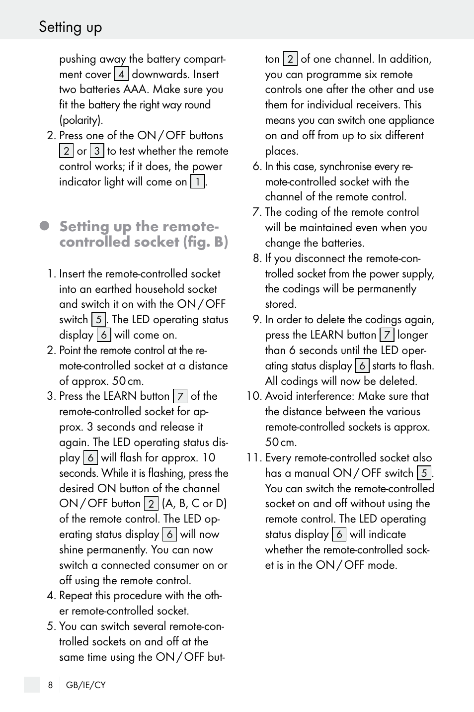 Setting up, Setting up the remote- controlled socket (fig. b) | Silvercrest Electrical Sockets User Manual | Page 8 / 21