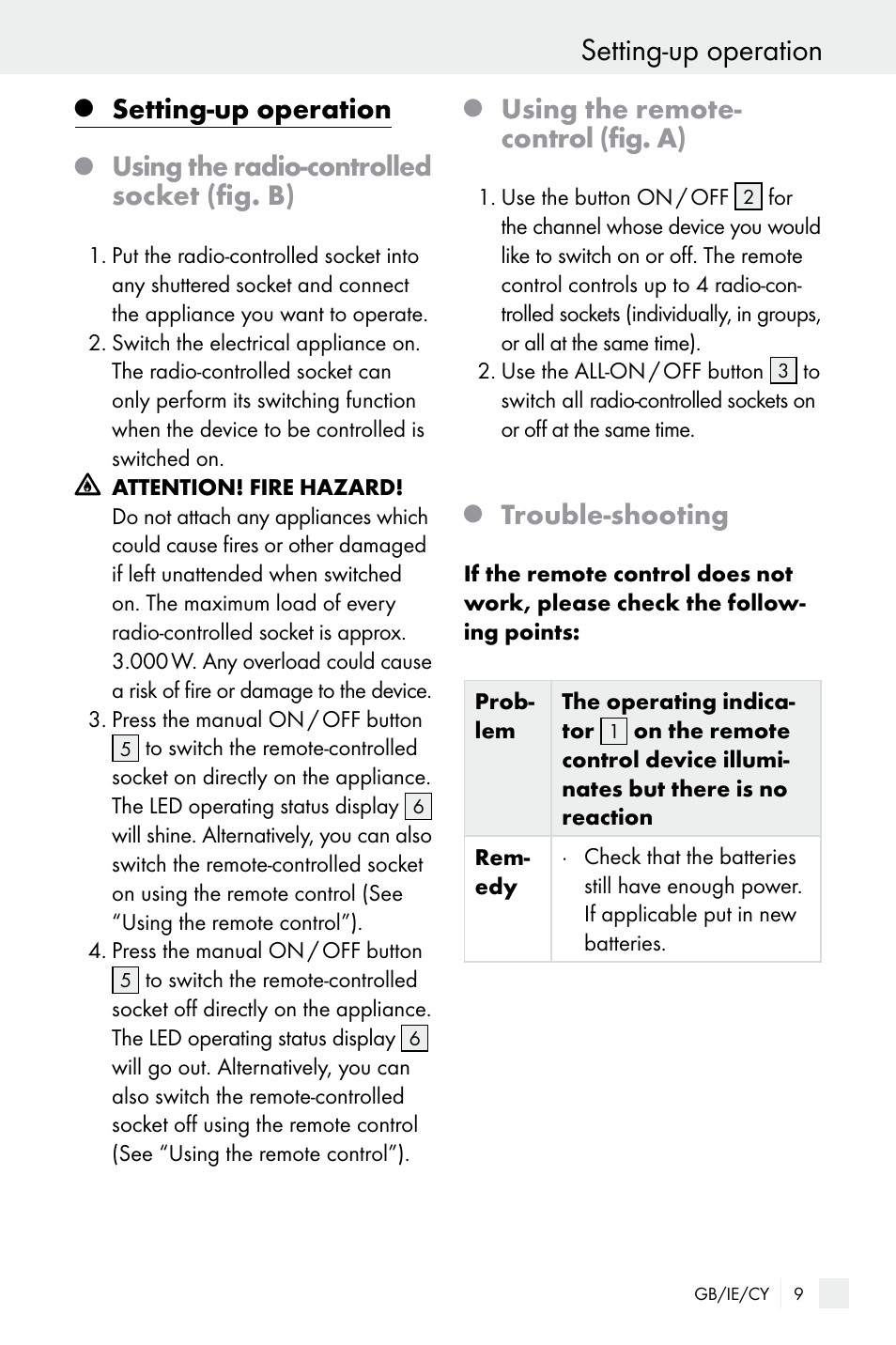 Setting-up operation, Using the radio-controlled socket (fig. b), Using the remote- control (fig. a) | Trouble-shooting | Silvercrest Electrical Sockets User Manual | Page 9 / 21