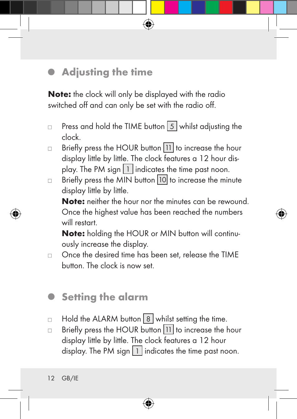 Adjusting the time, Setting the alarm | Silvercrest Z31436 User Manual | Page 12 / 41