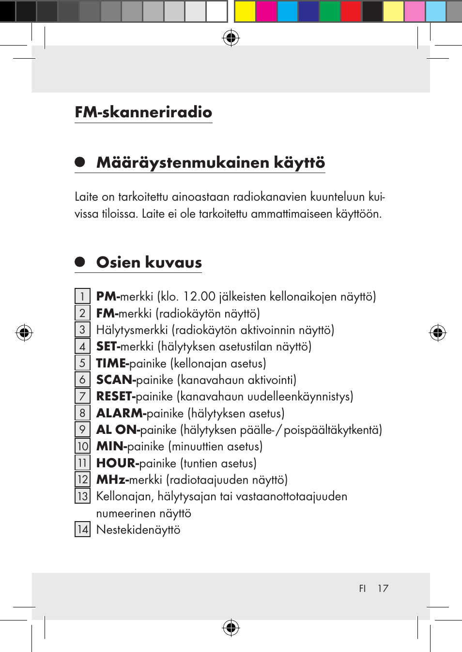 Fm-skanneriradio määräystenmukainen käyttö, Osien kuvaus | Silvercrest Z31436 User Manual | Page 17 / 41