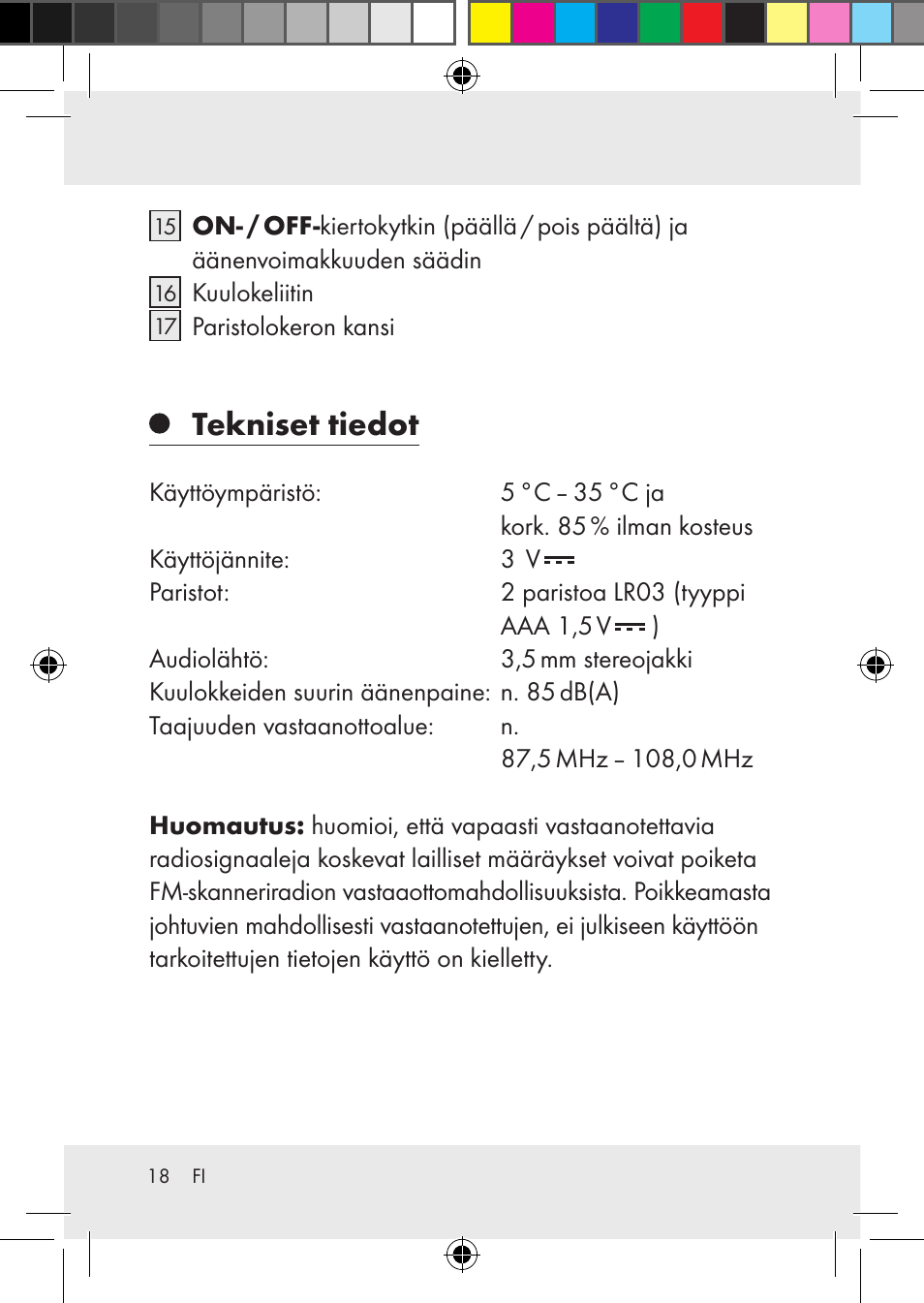 Tekniset tiedot | Silvercrest Z31436 User Manual | Page 18 / 41