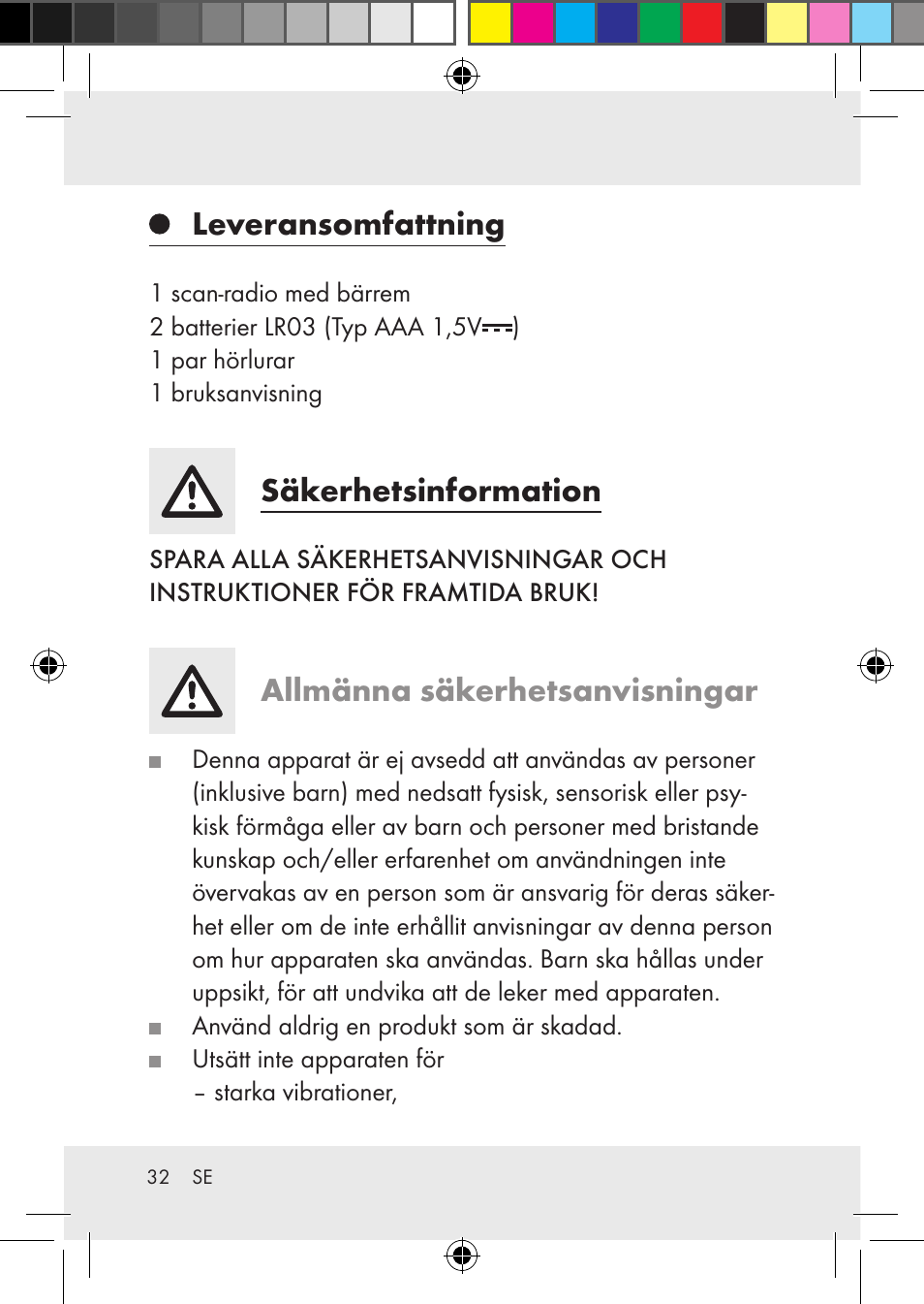 Leveransomfattning, Säkerhetsinformation, Allmänna säkerhetsanvisningar | Silvercrest Z31436 User Manual | Page 32 / 41