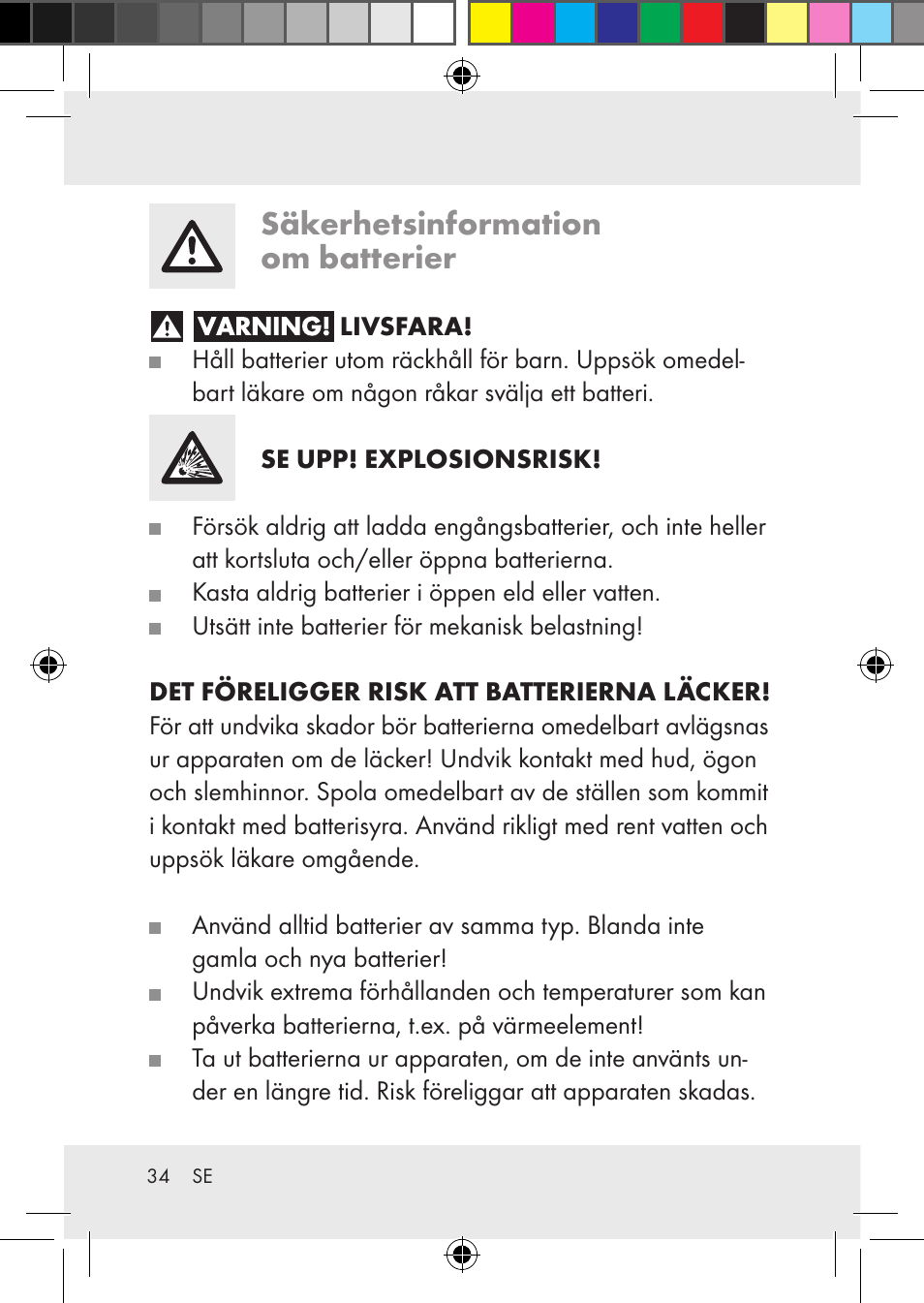 Säkerhetsinformation om batterier | Silvercrest Z31436 User Manual | Page 34 / 41